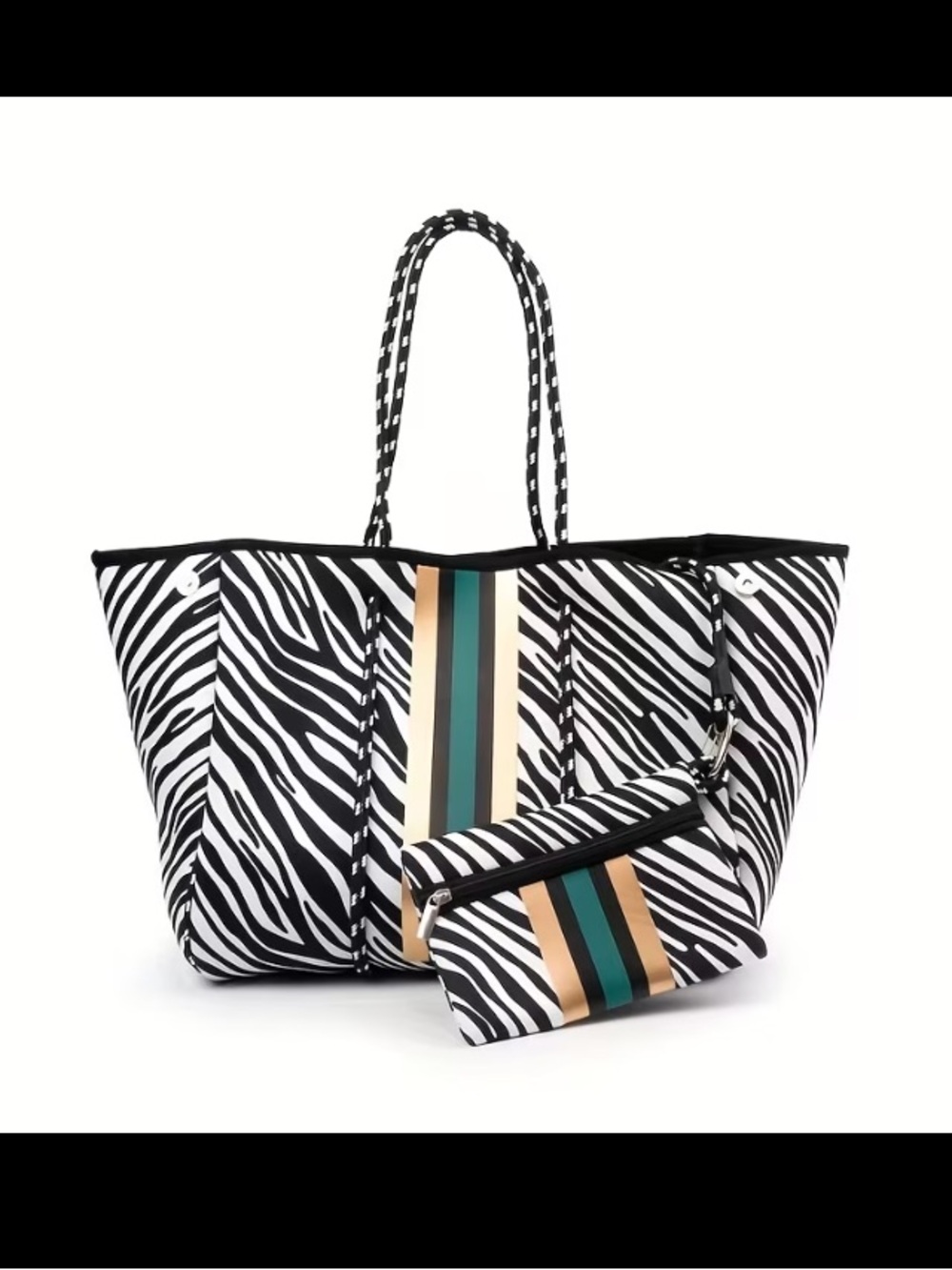 Zebra Print Neoprene Tote Bag with small Zipper Pouch - Picture 6 of 6
